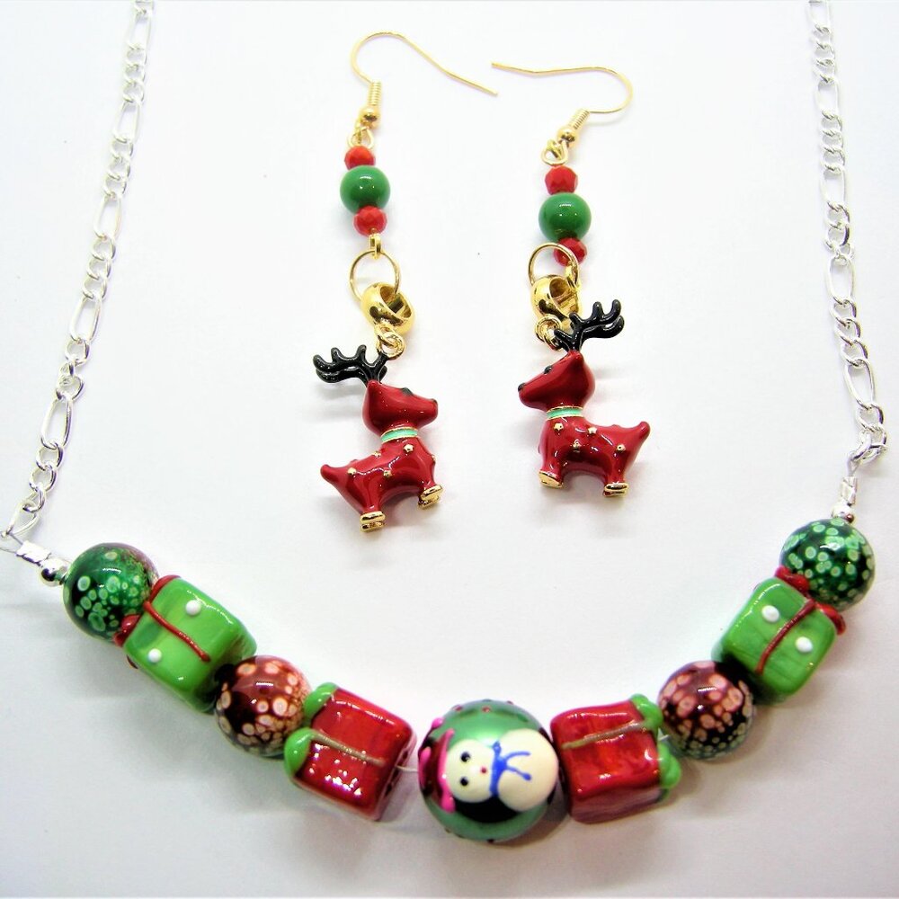 Christmas Lampwork Bead Necklace & Reindeer Earrings Set